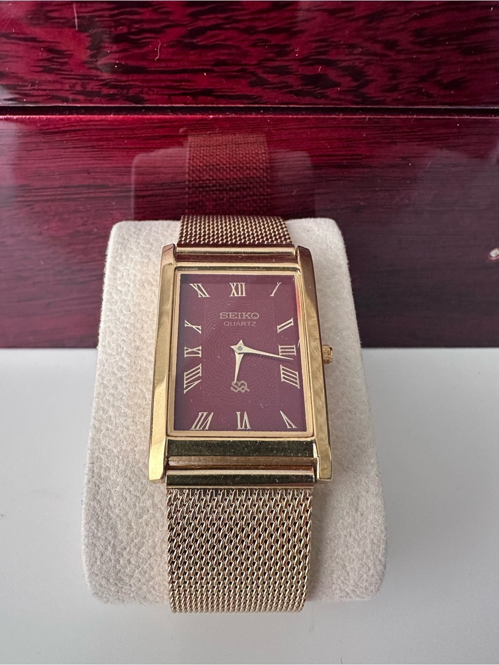 Seiko Gold-Tone Mesh Bracelet Watch with Burgundy Dial